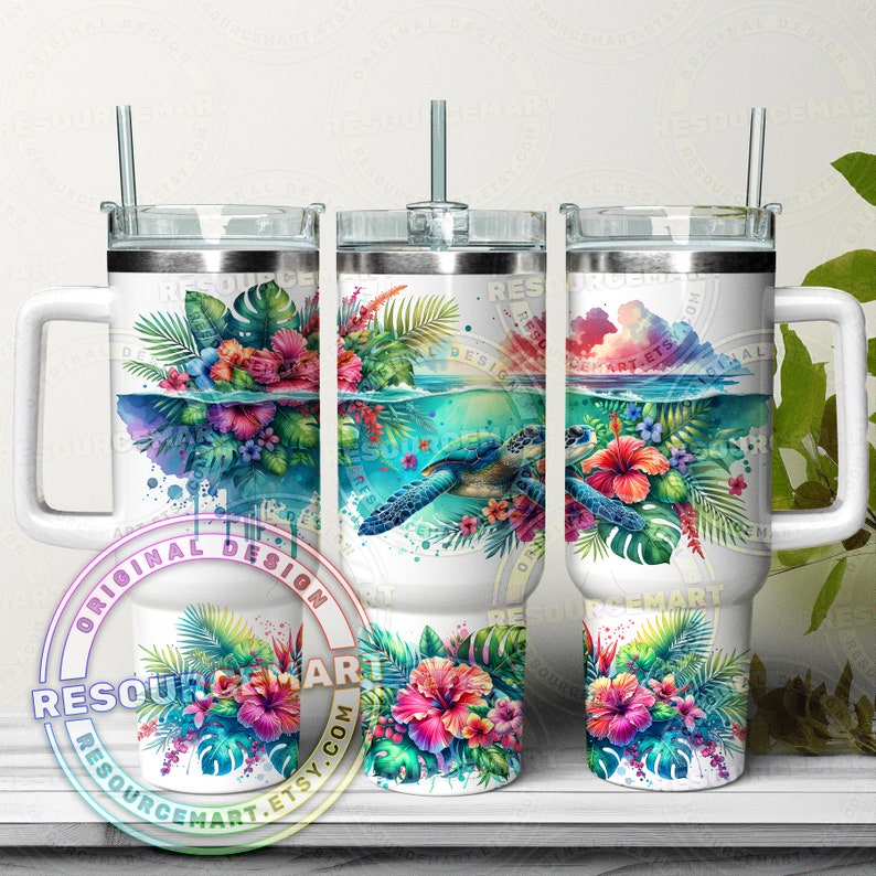 40oz Tropical Sea Turtle Tumbler Wrap Design,tropical summer waterslide