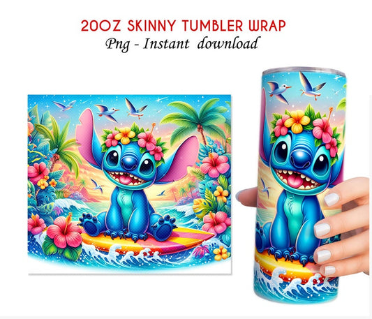 20oz  tumbler Stitch Summer , 20oz Skinny Tumbler, Cartoon Tumbler Wrap, Beach